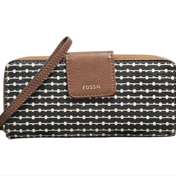 FOSSIL Wallet Emma Black & White Zip Around Clutch Credit Card Multi Compartment - Picture 1 of 12